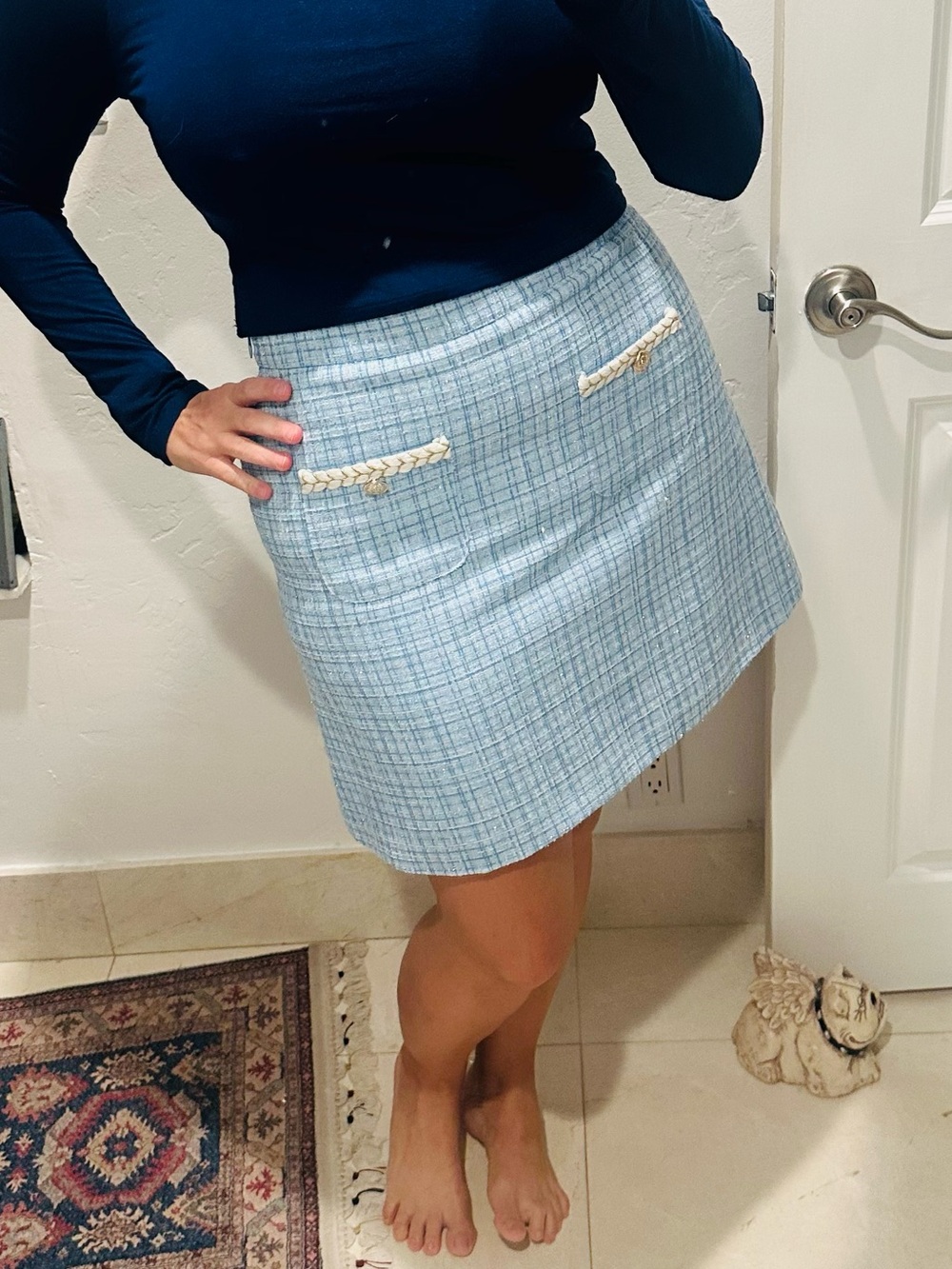SugarLips Light Blue Tweed Skirt with Braided Trim Front Pockets Size XL